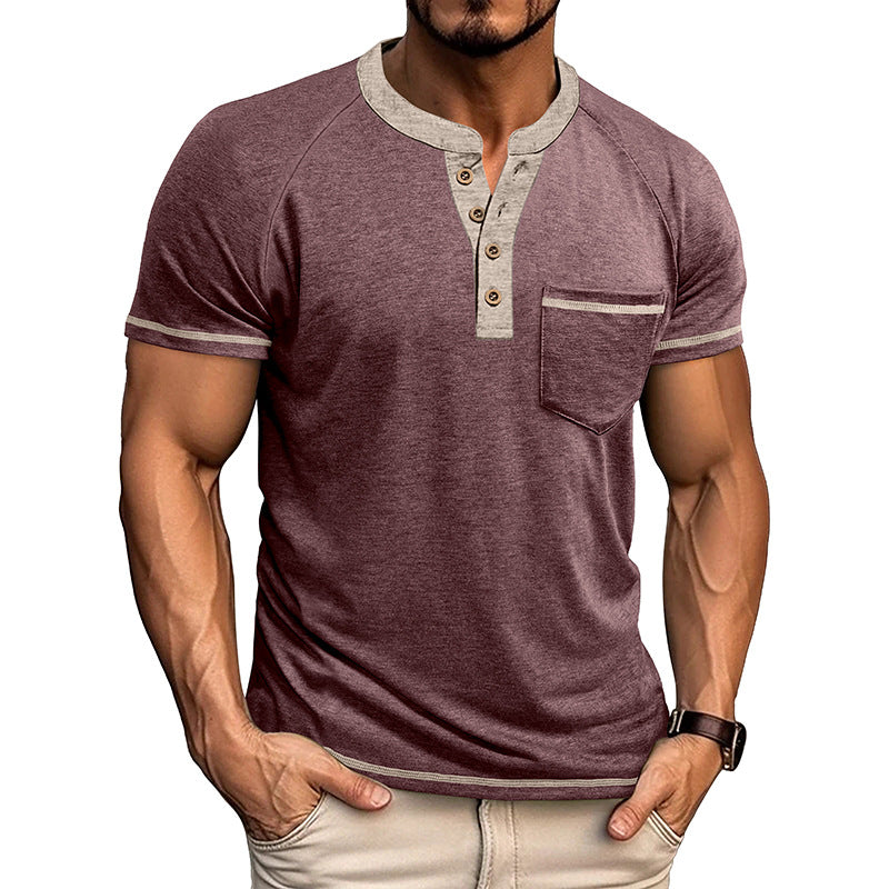 Men's Short-Sleeve Henley Shirt Button-Up Vintage T-Shirt