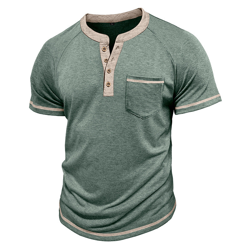 Men's Short-Sleeve Henley Shirt Button-Up Vintage T-Shirt