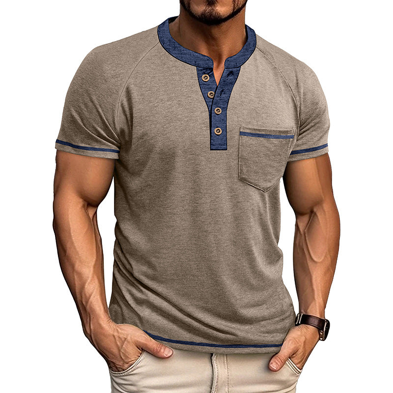 Men's Short-Sleeve Henley Shirt Button-Up Vintage T-Shirt