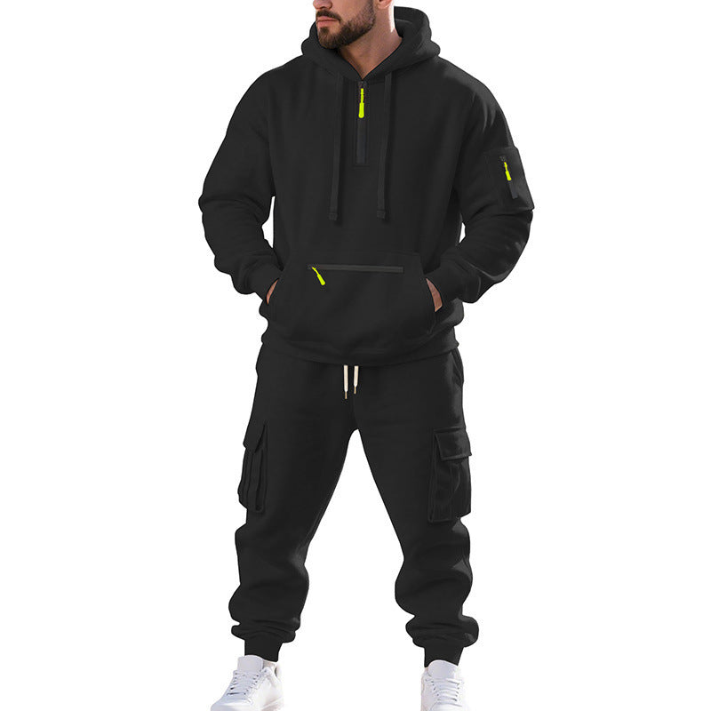 Men's Loose Sports And Leisure Suit Sweater Fleece-lined Hoodie Set Zipper Multi-Pocket Pullover Men's Sports Casual Top Two-piece Set