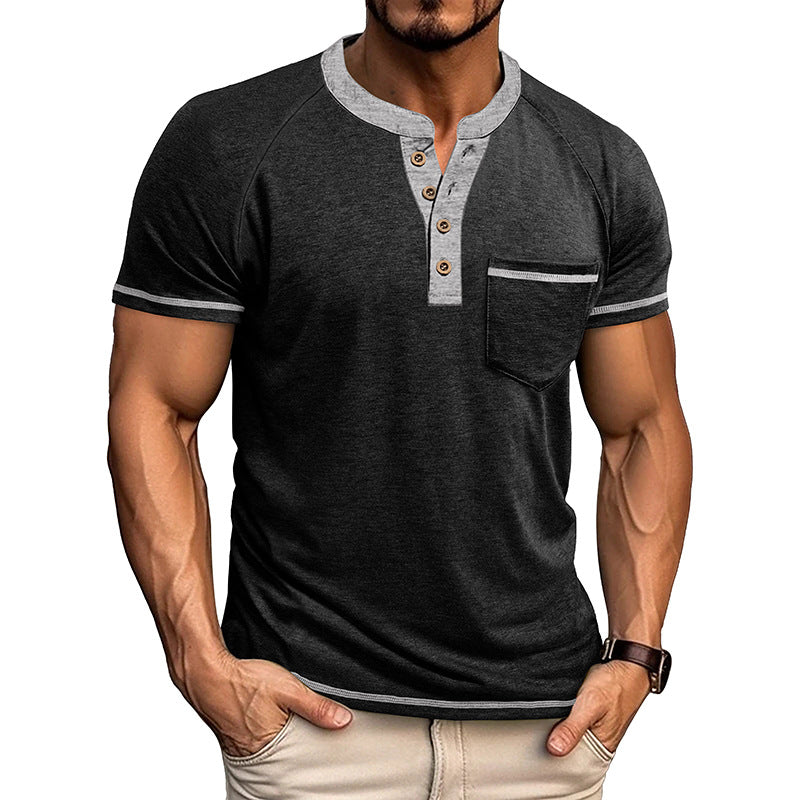 Men's Short-Sleeve Henley Shirt Button-Up Vintage T-Shirt
